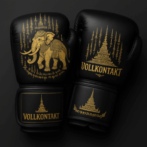 Schwarze Muay Thai Boxhandschuhe mit goldener Elefantenverzierung, thailändischer Sak Yant Symbolik und dem Schriftzug ‚Vollkontakt‘ auf dem Handgelenkbereich