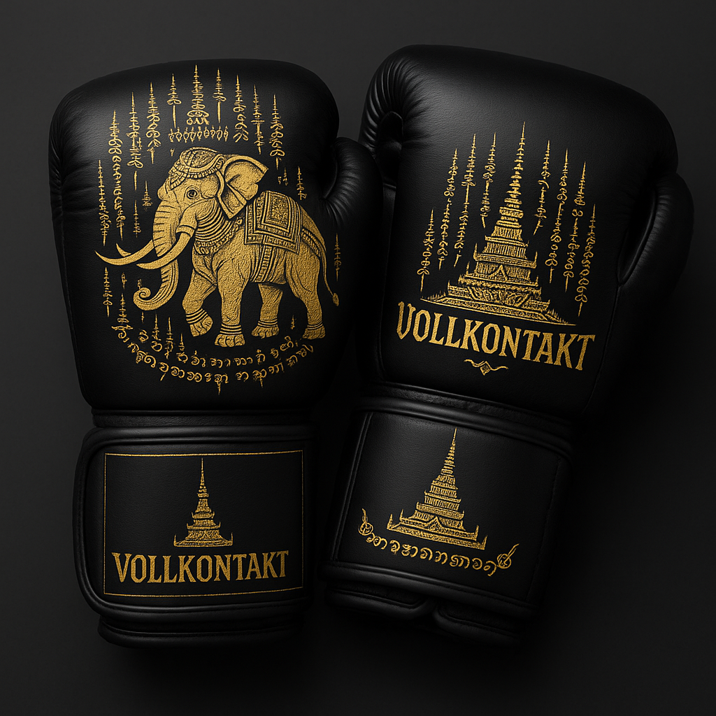 Schwarze Muay Thai Boxhandschuhe mit goldener Elefantenverzierung, thailändischer Sak Yant Symbolik und dem Schriftzug ‚Vollkontakt‘ auf dem Handgelenkbereich