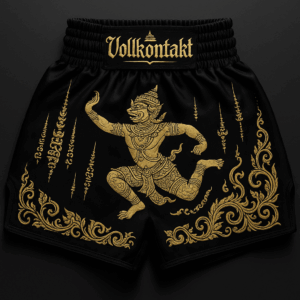 Muay Thai Shorts in Schwarz mit goldener Hanuman-Gestalt, traditionellen Sak Yant Mustern und dem Schriftzug ‚Vollkontakt‘ auf dem Bund